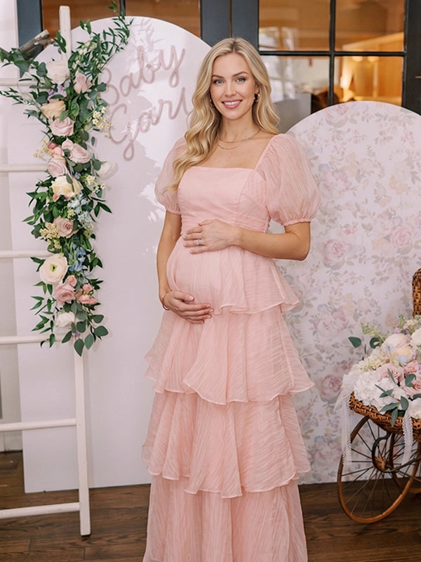 Blush Pink Puff Sleeve Tiered Maternity Maxi Gown — "Team Girl" Baby Shower Dress