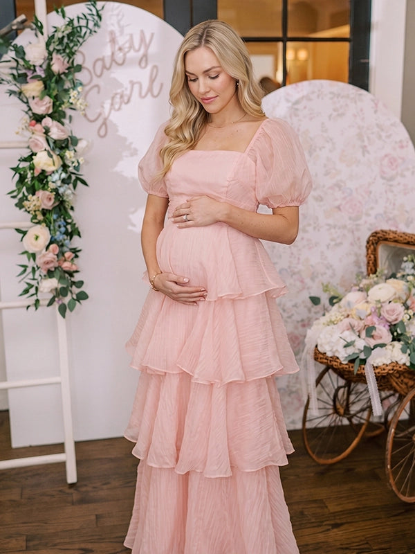Blush Pink Puff Sleeve Tiered Maternity Maxi Gown — "Team Girl" Baby Shower Dress