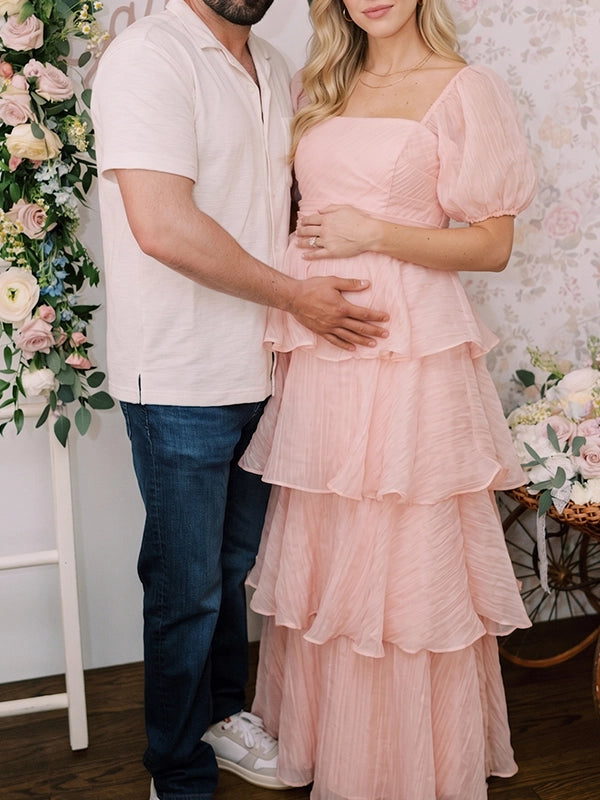 Blush Pink Puff Sleeve Tiered Maternity Maxi Gown — "Team Girl" Baby Shower Dress