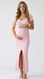 Blush Pink Ribbed Knit Short Sleeve Slit Maternity Maxi Dress