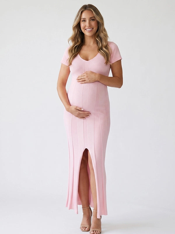 Blush Pink Ribbed Knit Short Sleeve Slit Maternity Maxi Dress