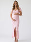 Blush Pink Ribbed Knit Short Sleeve Slit Maternity Maxi Dress