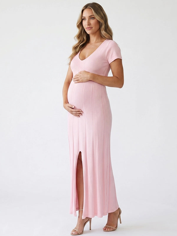 Blush Pink Ribbed Knit Short Sleeve Slit Maternity Maxi Dress