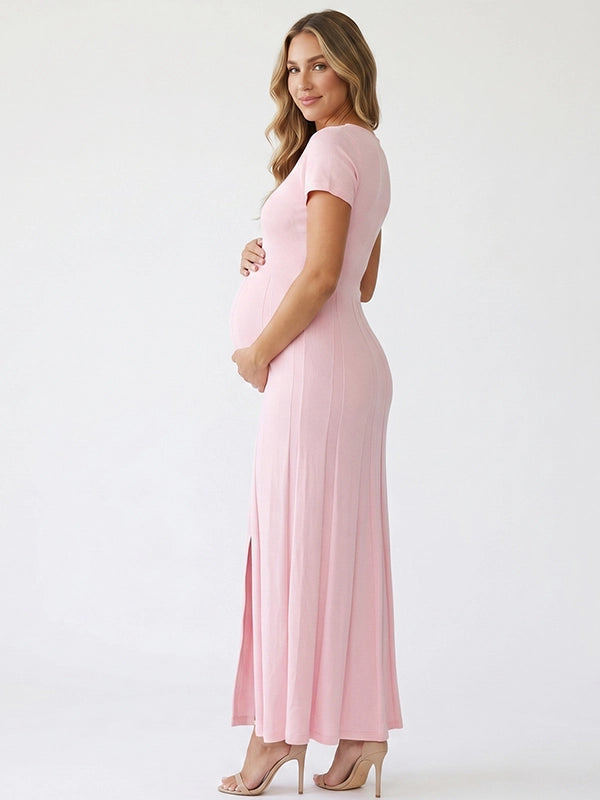 Blush Pink Ribbed Knit Short Sleeve Slit Maternity Maxi Dress