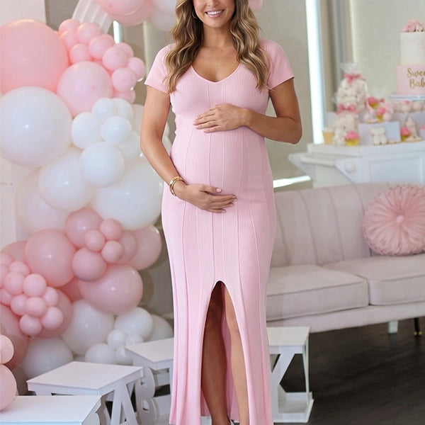 Blush Pink Ribbed Knit Short Sleeve Slit Maternity Maxi Dress