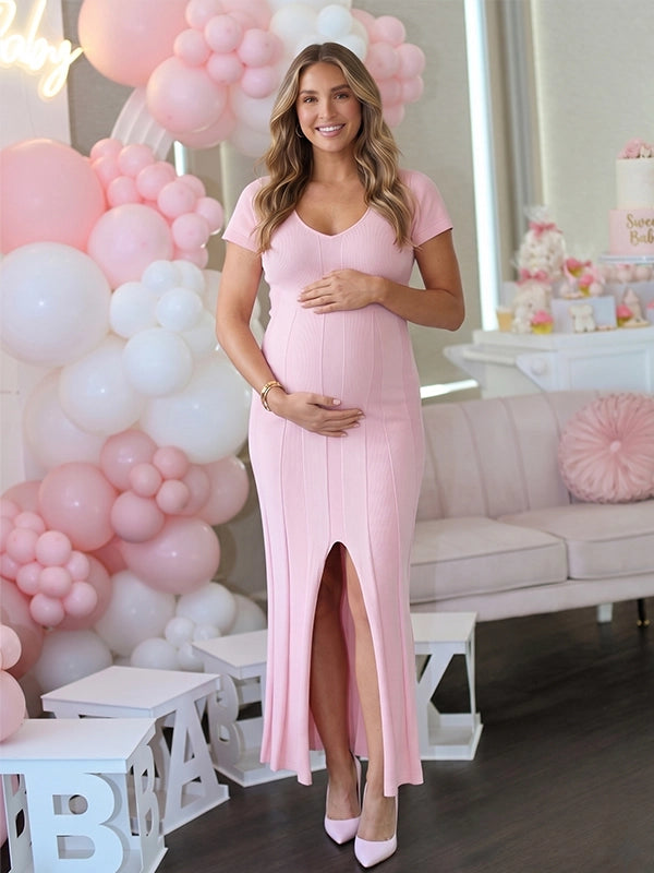 Blush Pink Ribbed Knit Short Sleeve Slit Maternity Maxi Dress