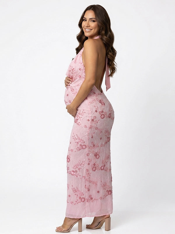 Blush Pink Sequin Floral Plunging Halter Maternity Maxi Gown
