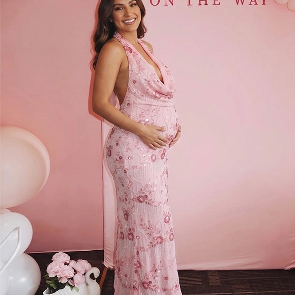 Blush Pink Sequin Floral Plunging Halter Maternity Maxi Gown