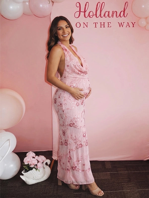 Blush Pink Sequin Floral Plunging Halter Maternity Maxi Gown