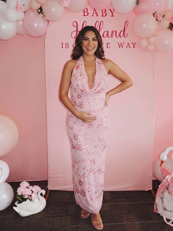 Blush Pink Sequin Floral Plunging Halter Maternity Maxi Gown