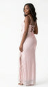 blush pink sequin maternity dress v neck lace up back feather slit bodycon photoshoot gown
