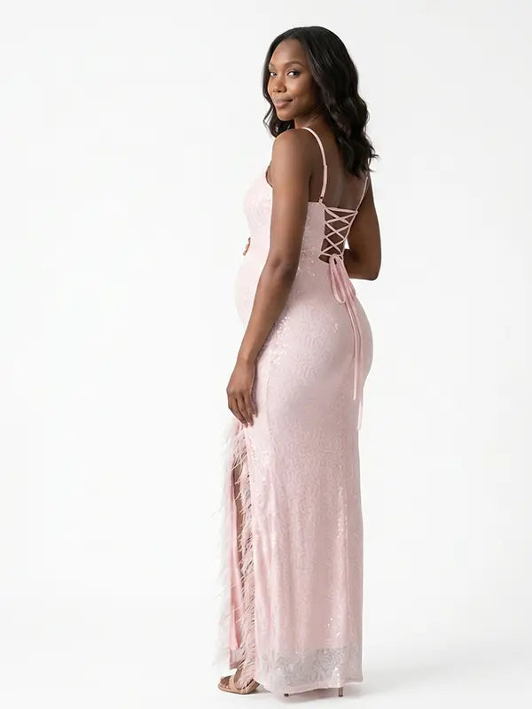 blush pink sequin maternity dress v neck lace up back feather slit bodycon photoshoot gown