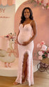 pink maternity gown sequin bodycon feather slit elegant pregnancy photoshoot dress