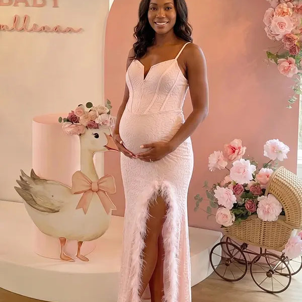 pink maternity gown sequin bodycon feather slit elegant pregnancy photoshoot dress
