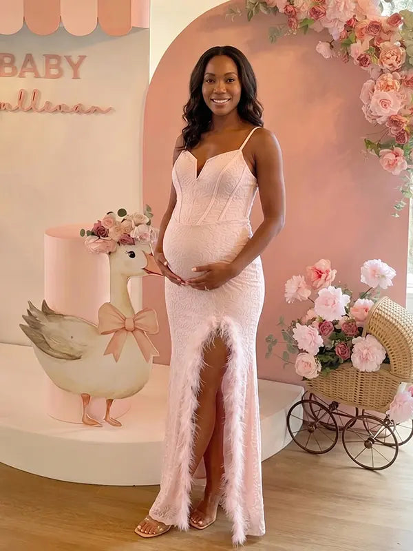 pink maternity gown sequin bodycon feather slit elegant pregnancy photoshoot dress