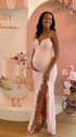 pink maternity gown sequin bodycon feather slit elegant pregnancy photoshoot dress