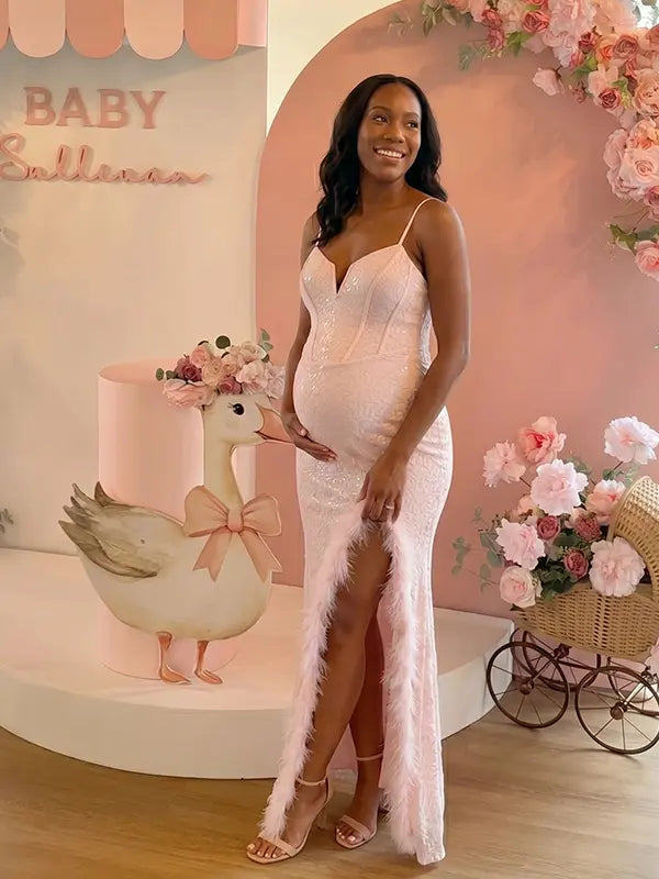 pink maternity gown sequin bodycon feather slit elegant pregnancy photoshoot dress