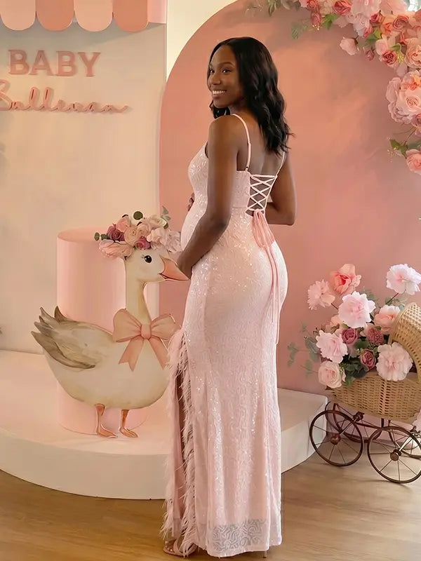 pink maternity gown sequin bodycon feather slit elegant pregnancy photoshoot dress