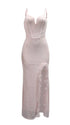 blush pink sequin maternity dress v neck lace up back feather slit bodycon photoshoot gown