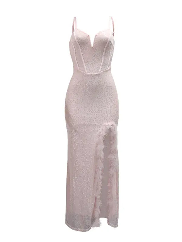 blush pink sequin maternity dress v neck lace up back feather slit bodycon photoshoot gown
