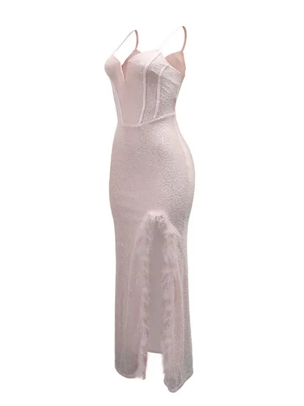 blush pink sequin maternity dress v neck lace up back feather slit bodycon photoshoot gown