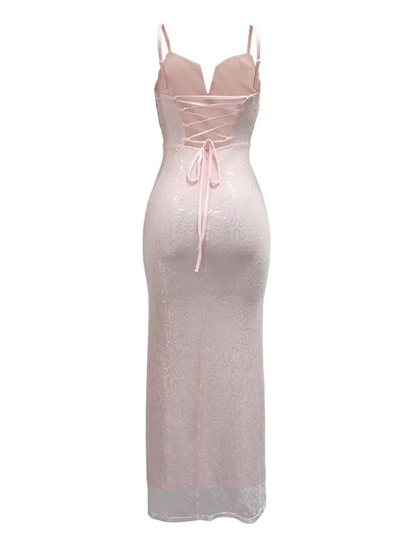 blush pink sequin maternity dress v neck lace up back feather slit bodycon photoshoot gown