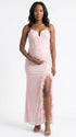 blush pink sequin maternity dress v neck lace up back feather slit bodycon photoshoot gown