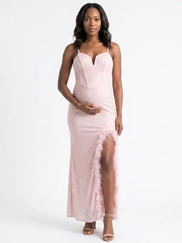 blush pink sequin maternity dress v neck lace up back feather slit bodycon photoshoot gown