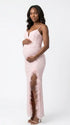 blush pink sequin maternity dress v neck lace up back feather slit bodycon photoshoot gown