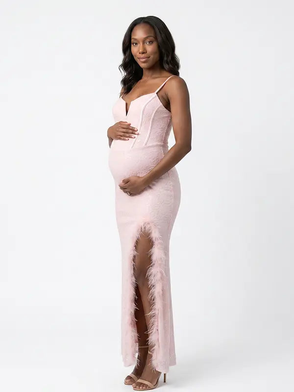 blush pink sequin maternity dress v neck lace up back feather slit bodycon photoshoot gown