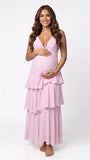 Blush Pink Tiered Ruffle Backless Maternity Maxi Gown — "Team Girl" Baby Shower Dress