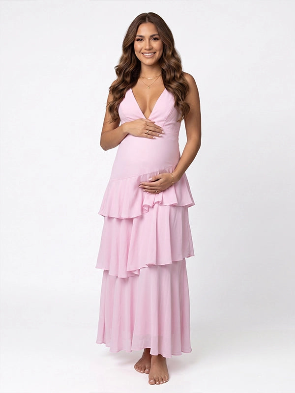 Blush Pink Tiered Ruffle Backless Maternity Maxi Gown — "Team Girl" Baby Shower Dress