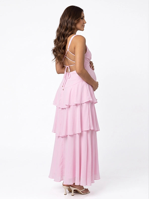 Blush Pink Tiered Ruffle Backless Maternity Maxi Gown — "Team Girl" Baby Shower Dress