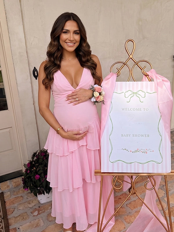 Blush Pink Tiered Ruffle Backless Maternity Maxi Gown — "Team Girl" Baby Shower Dress