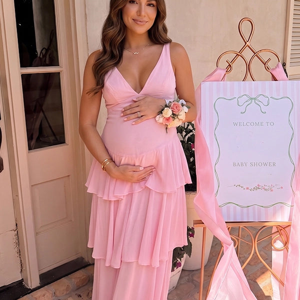 Blush Pink Tiered Ruffle Backless Maternity Maxi Gown — "Team Girl" Baby Shower Dress