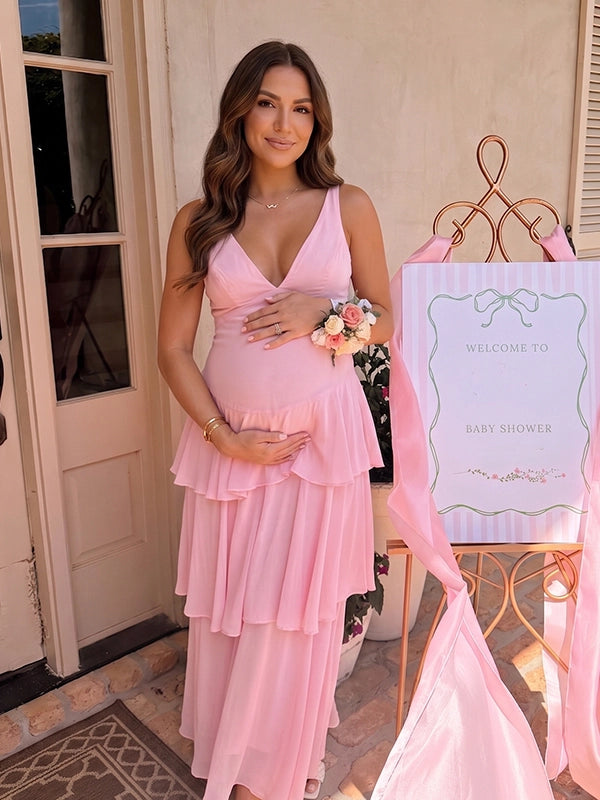 Blush Pink Tiered Ruffle Backless Maternity Maxi Gown — "Team Girl" Baby Shower Dress