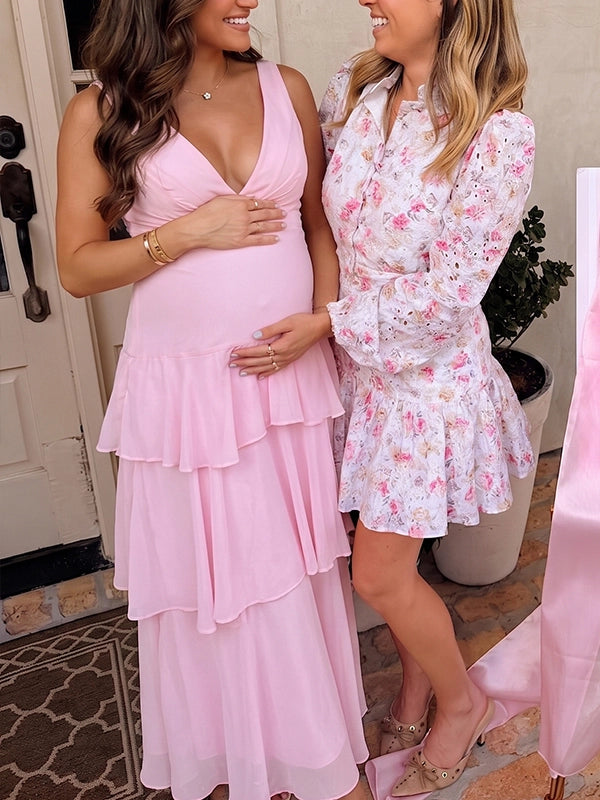 Blush Pink Tiered Ruffle Backless Maternity Maxi Gown — "Team Girl" Baby Shower Dress