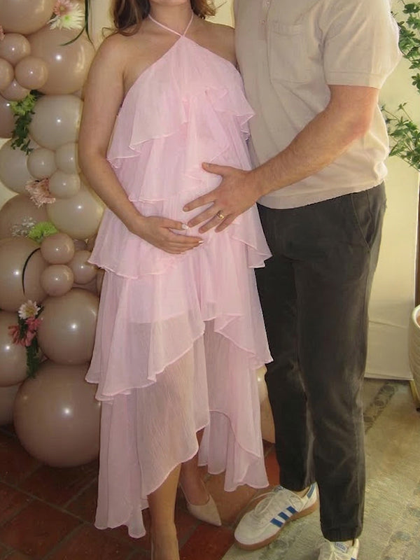 Blush pink halter ruffle layer maternity maxi dress