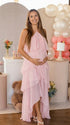Blush pink halter ruffle layer maternity maxi dress