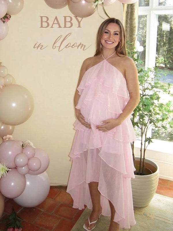 Blush pink halter ruffle layer maternity maxi dress-outfit idea