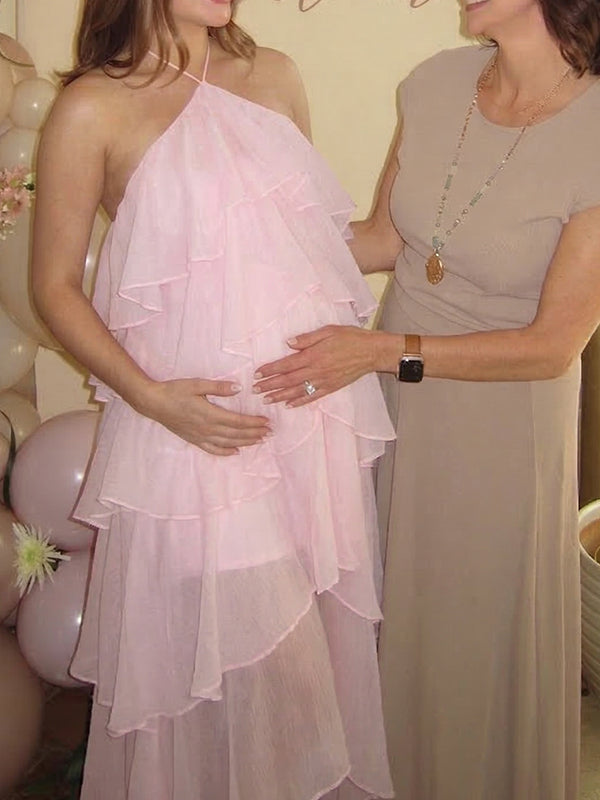 Blush pink halter ruffle layer maternity maxi dress-details