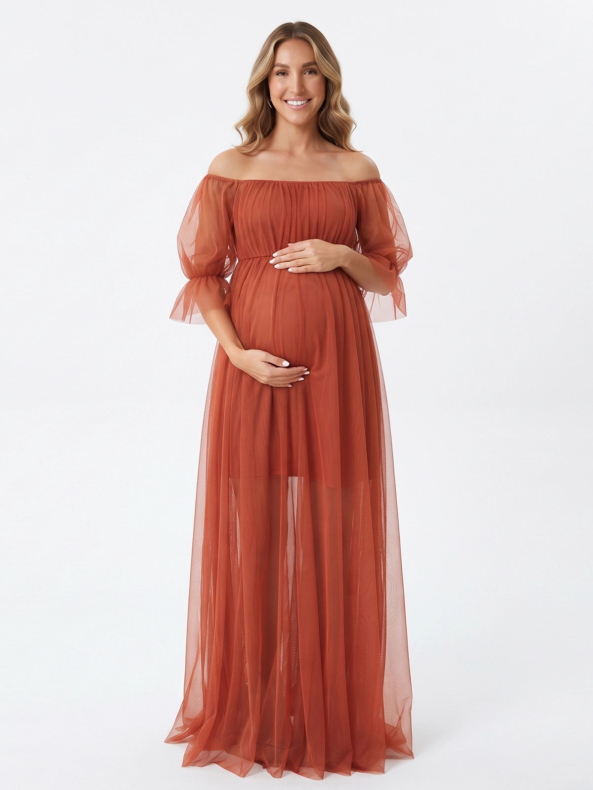 Bohemian Rust Tulle Off Shoulder Maternity Gown for Photoshoot