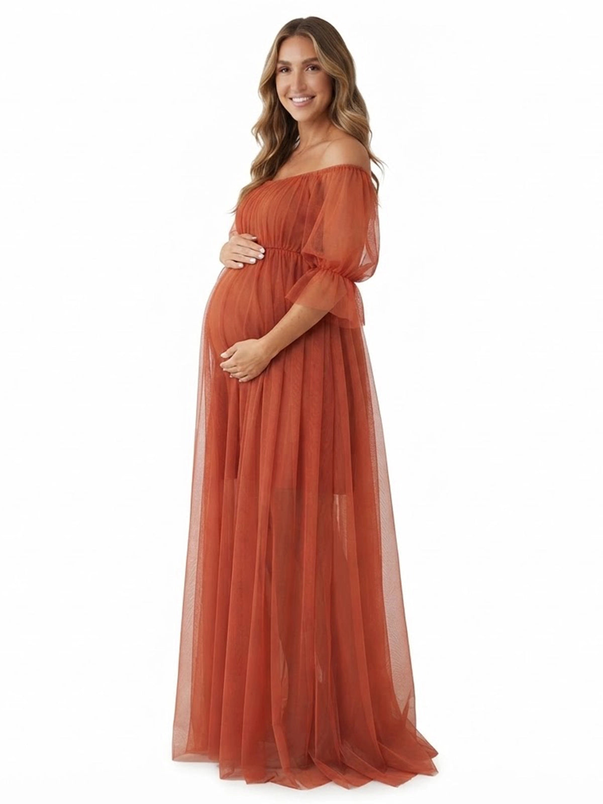 Bohemian Rust Tulle Off Shoulder Maternity Gown for Photoshoot