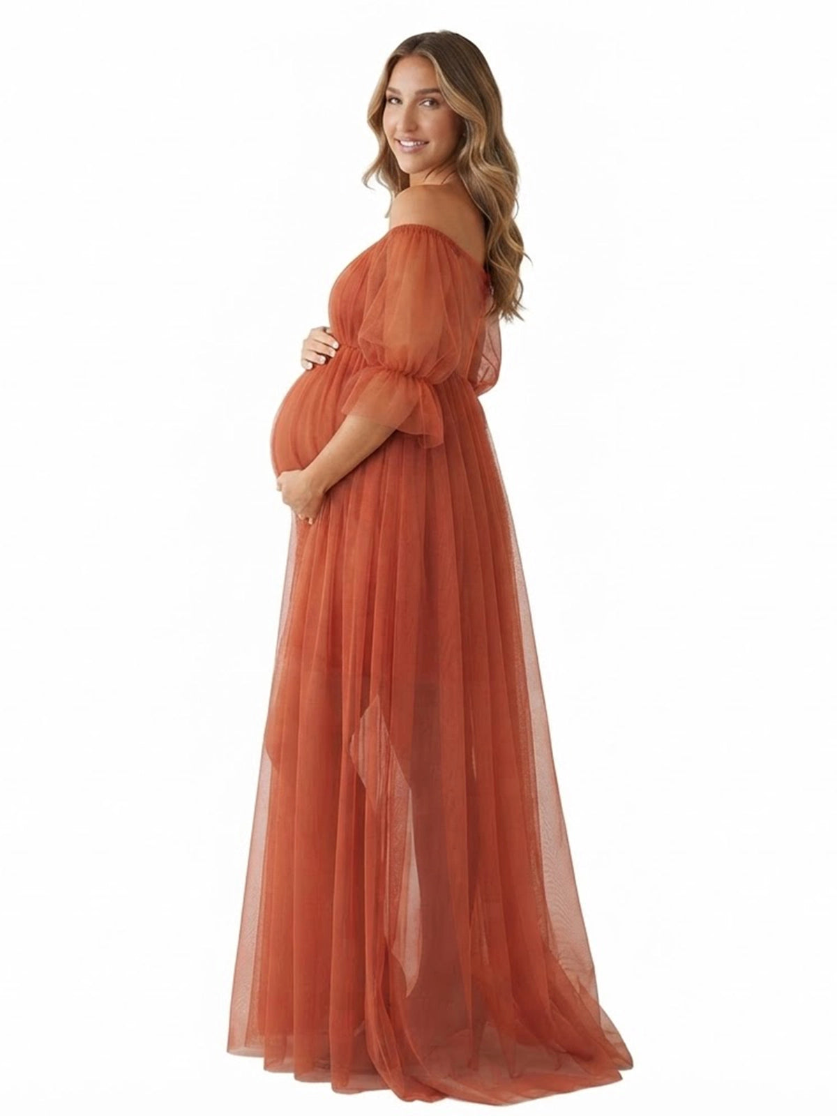 Bohemian Rust Tulle Off Shoulder Maternity Gown for Photoshoot
