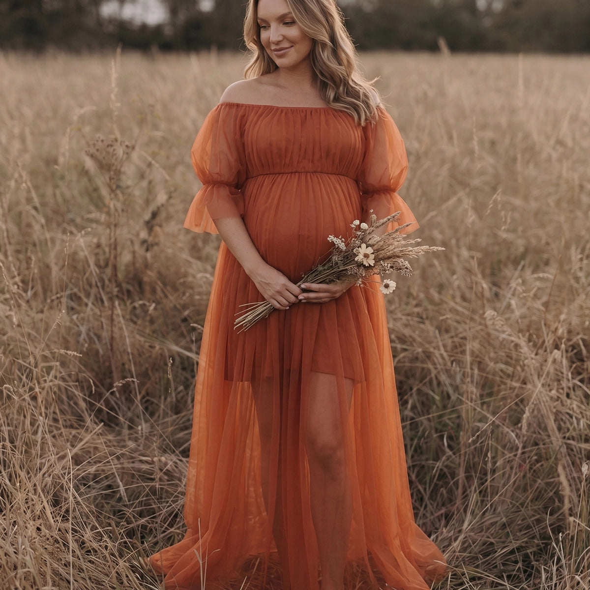 Bohemian Rust Tulle Off Shoulder Maternity Gown for Photoshoot