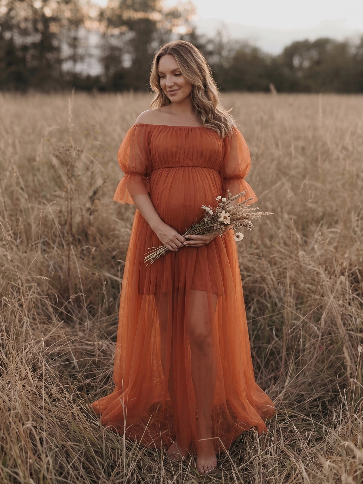 Bohemian Rust Tulle Off Shoulder Maternity Gown for Photoshoot