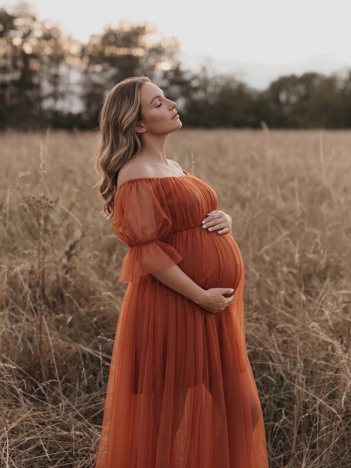 Bohemian Rust Tulle Off Shoulder Maternity Gown for Photoshoot