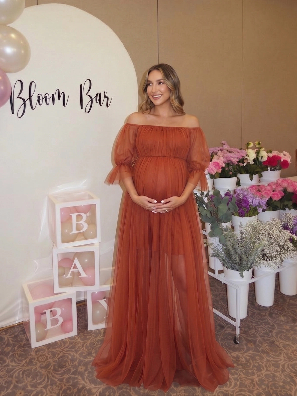 Bohemian Rust Tulle Off Shoulder Maternity Gown for Photoshoot