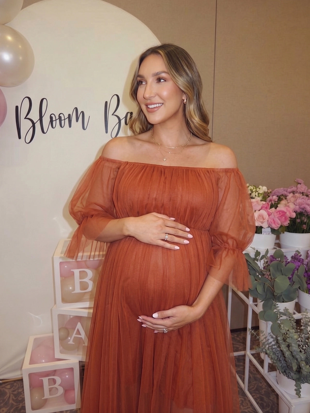 Bohemian Rust Tulle Off Shoulder Maternity Gown for Photoshoot