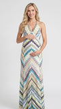Boho Blue&Green Chevron Printed Halter Backless Maternity Maxi Dress